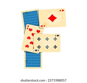 Playing cards arranged to form the letter F. Cowboy font, wild west typeface, western type, sheriff English alphabet character exudes gambling game and saloon aesthetics. Isolated cartoon vector abc