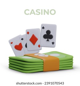 Jugando tarjetas y billetes con fondo blanco. Ganador, premio en efectivo, premio mayor en concepto de casino web. Jugando casino en línea. Ilustración vectorial en estilo 3D