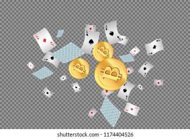 Playing Cards and Bitcoins on transparent background. Vector illustration