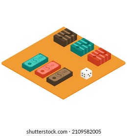 Playing cards for a board game in isometry. Isometric dollars bundles. Playing dice. Flat vector isometric money icon.Flat vector illustration