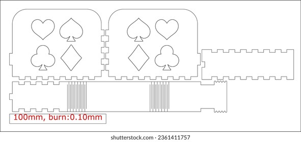 Playing cards box Cnc. laser cut Material thickness 3 mm No glue Vector illustration.