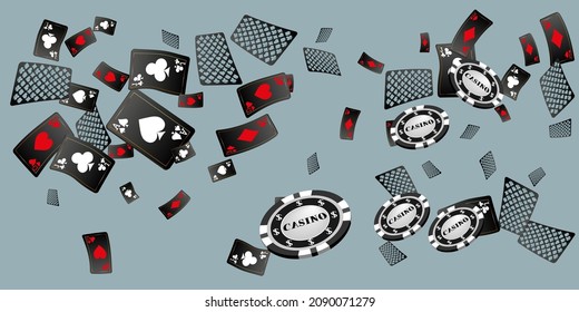 Cartas de juego y fichas de Casino cayendo. Ilustración vectorial. Patrón para anuncios de fiestas, eventos en Las Vegas. Ilustración vectorial en estilo vintage.