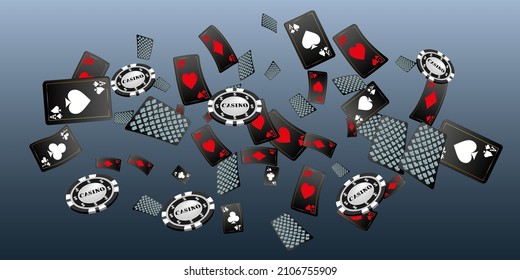 Playing Cards and Casino Chips falling. Vector illustration. Pattern for ads of parties, events in Vegas.