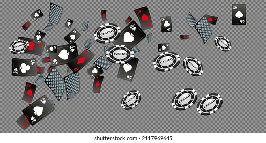 Cartas de juego y fichas de Casino cayendo. Ilustración vectorial. Patrón para anuncios de fiestas, eventos en Las Vegas. Ilustración vectorial en estilo vintage.