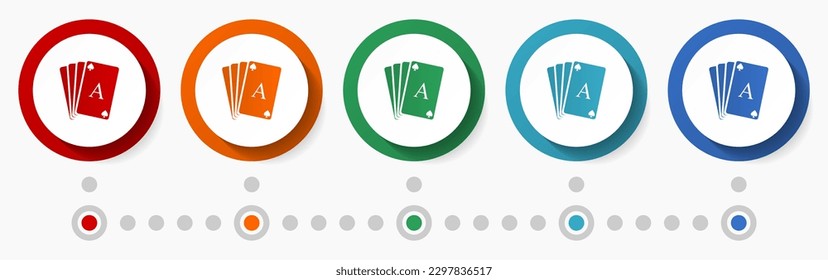 Playing cards, casino concept vector icon set, flat design colorful buttons, infographic template in 5 color options