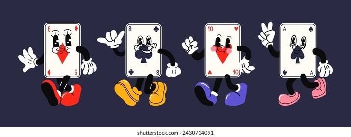 Spielkarten und Charaktere. Kartenspiel für Poker und Casino. Groovy Maskottchen mit behandschuhten Händen. Glücksspiel helle Vektor-Poster