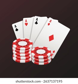 Playing cards and chips. Casino illustration. Vector 3d illustration isolated on dark background.