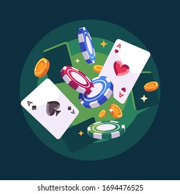 Playing cards, chips and coins flying. Poker flat illustration on green background