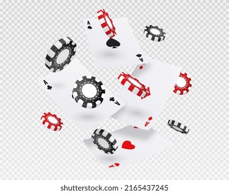 Playing cards with chips. Collection for playing poker and having fun with friends. Winning metaphor, falling inventory. Stylish design elements for website. Realistic isometric vector illustration