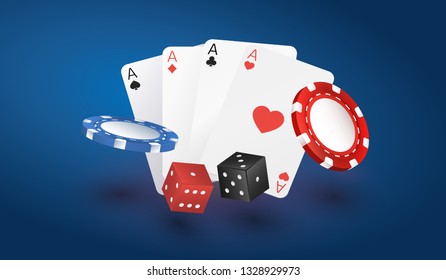 
Playing cards chips dice. Casino poker gambling realistic 3D falling cards and chips isolated . Vector poker cards set 