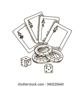 Playing cards, chips, dice. The game of poker.