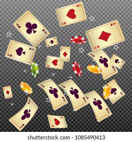 Playing cards and Chips falling on transparent background. Vector illustration in vintage style.