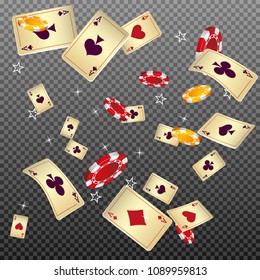 Playing cards and Chips falling on transparent background. Vector illustration in vintage style.