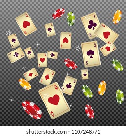 Playing cards and Chips falling on transparent background. Vector illustration in vintage style.