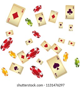 Playing cards and Chips falling on gold background. Vector illustration.