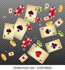 Playing cards and Chips falling on transparent background. Vector illustration in vintage style.