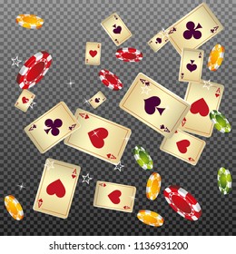 Playing cards and Chips falling on transparent background. Vector illustration in vintage style.
