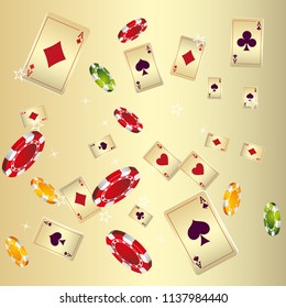 Playing cards and Chips falling on gold background. Vector illustration.