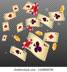 Playing cards and Chips falling on transparent background. Vector illustration in vintage style.