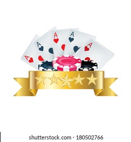 playing cards with chips and golden ribbon isolated