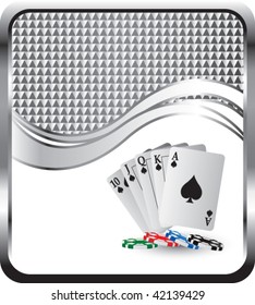 playing cards and chips on silver checkered wave