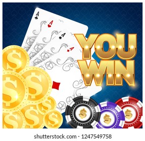 Playing cards, chips and scattering of gold coins. Illustration for gambling