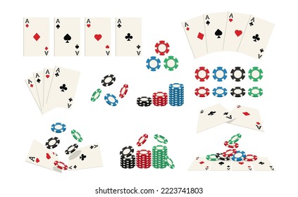 Playing cards and chips set. Casino gambling game coins, aces hearts and spades, clubs and diamonds poker lucky roulette bet cartoon style. Vector set. Leisure competition or entertainment