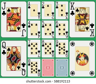 Playing cards club suit, blackjack version. Faces and joker double sized. Two cards back and green background. 