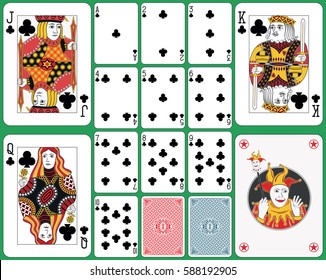 Playing cards club suit, faces and joker double sized. Two cards back and green background. 