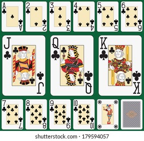 Playing cards, club suit, joker and back. Faces double sized. Green background in a separate level 