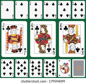 Playing cards club suit, joker and back. Faces double sized. Green background in a separate level 