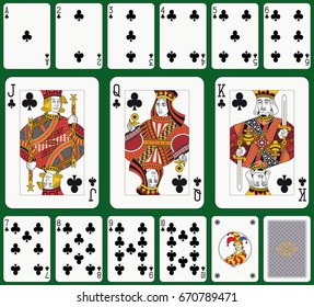 Playing cards, club suit, joker and back. Faces double sized. Green background in a separate layer