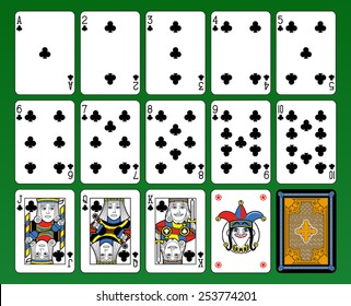 Playing cards, club suite, joker and back. Green background.