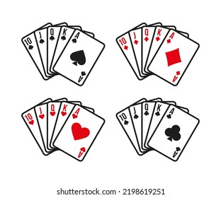 Playing cards of clubs, diamonds, hearts and spades playing cards deck colorful illustration. Poker cards, jack, queen, king and ace vector illustration.