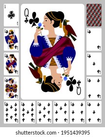 Playing cards of Clubs suit and back in funny flat style. Vector illustration