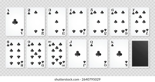 Playing cards clubs suit and back. Set of poker playing cards. Vector illustration