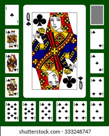 Playing cards of Clubs suit and back on green background. Faces double sized. Original design. Vector illustration