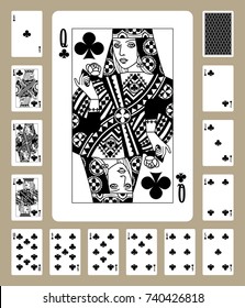 Playing cards of Clubs suit in black and white. Original design. Vector illustration