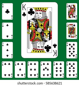 Playing cards Clubs suit on a green background.