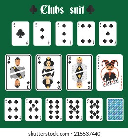 Playing cards clubs suit set joker and back isolated vector illustration