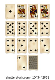 Playing cards of Clubs suit in vintage style isolated on white. Original design. Vector illustration