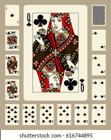 Playing cards of Clubs suit in vintage style. Original design. Vector illustration