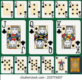 Playing cards, clubs suite, joker and back. Faces double sized. Green background.