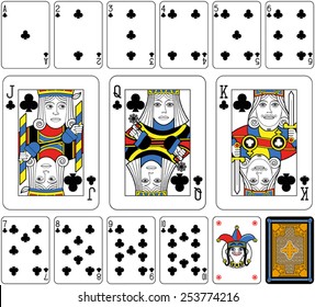 Playing cards, clubs suite, joker and back. Faces double sized. Green background.