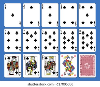 Playing cards clubs suite on a blue background. Original figures inspired by french tradition.
