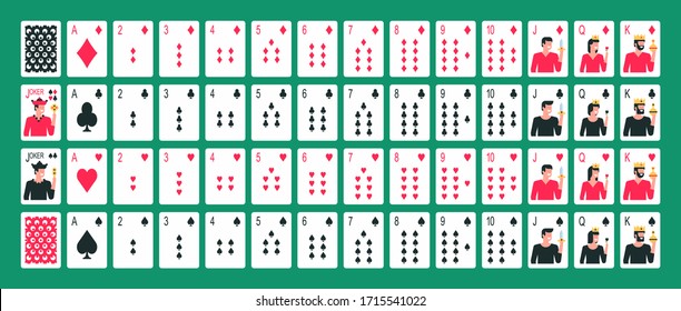 Playing cards. Collection of playing cards. Poker playing cards. Flat Style. isolated on green background