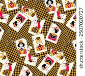 Playing cards colorful seamless pattern. Gambling and card games symbols, poker, blackjack and casino gambling background. Vector texture