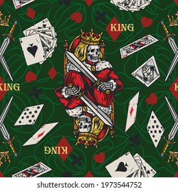 Playing cards colorful seamless pattern with skeleton king in crown and mantle holding sword and sitting on throne playing cards suits royal flush poker hands vector illustration