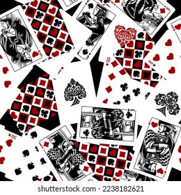 Playing cards colorful seamless pattern background in vintage engraving drawing style in black and red colors.Vector illustration