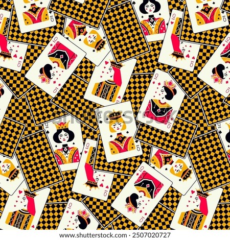 Playing cards colorful seamless pattern. Gambling and card games symbols, poker, blackjack and casino gambling background. Vector texture